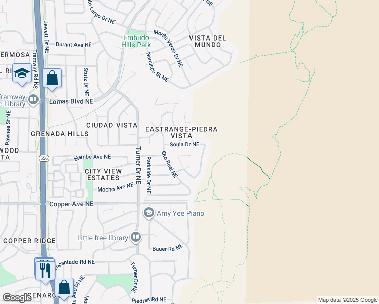 map of restaurants, bars, coffee shops, grocery stores, and more near 14405 La Cueva Avenue Northeast in Albuquerque