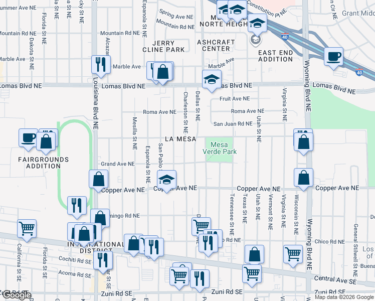 map of restaurants, bars, coffee shops, grocery stores, and more near 502 Grove Street Northeast in Albuquerque