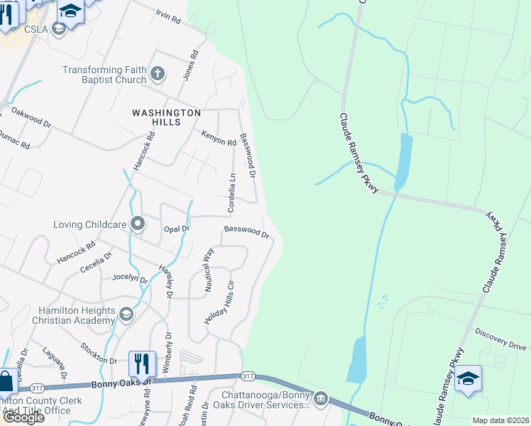 map of restaurants, bars, coffee shops, grocery stores, and more near 6409 Basswood Lane in Chattanooga