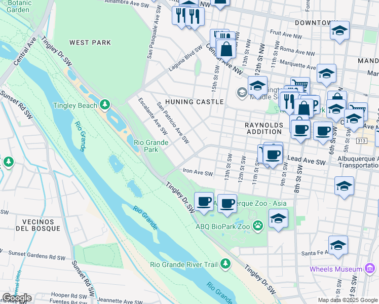 map of restaurants, bars, coffee shops, grocery stores, and more near 4 Broadcast Plaza Southwest in Albuquerque