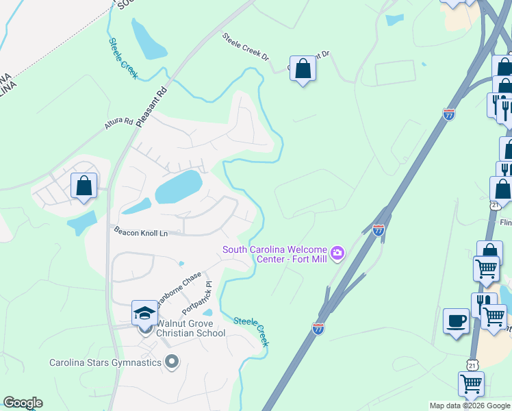 map of restaurants, bars, coffee shops, grocery stores, and more near 612 Landsdowne Court in Fort Mill