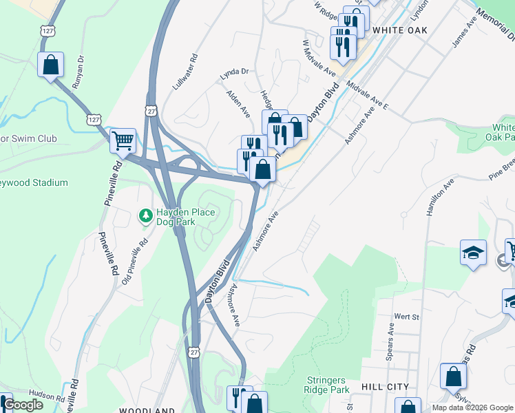 map of restaurants, bars, coffee shops, grocery stores, and more near 1738 Dayton Boulevard in Chattanooga