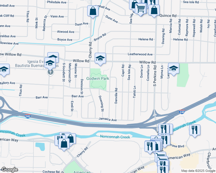map of restaurants, bars, coffee shops, grocery stores, and more near 1793 Dearing Road in Memphis