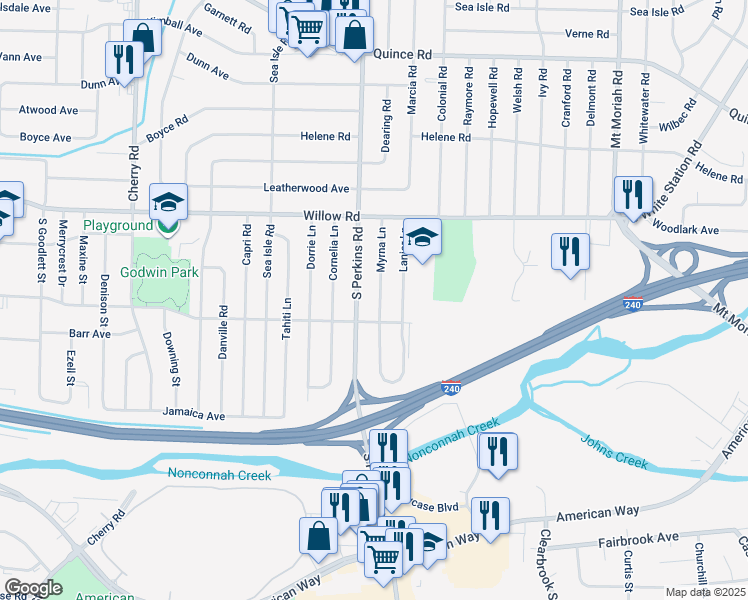 map of restaurants, bars, coffee shops, grocery stores, and more near 1789 Myrna Lane in Memphis