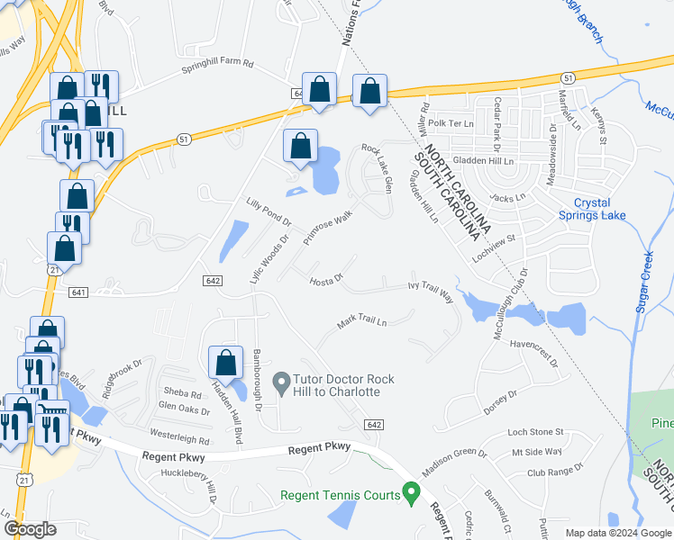 map of restaurants, bars, coffee shops, grocery stores, and more near 651 Hosta Drive in Fort Mill