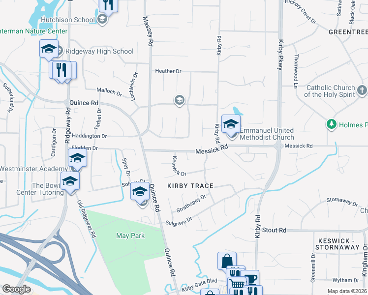 map of restaurants, bars, coffee shops, grocery stores, and more near 2385 Holly Grove Drive in Memphis