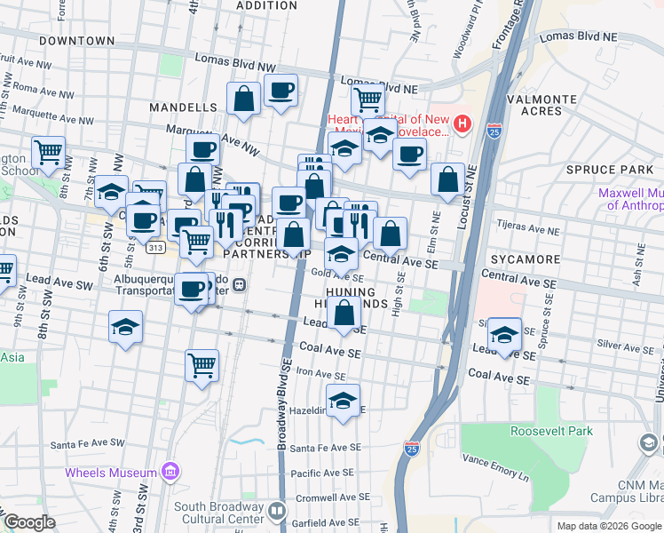 map of restaurants, bars, coffee shops, grocery stores, and more near 310 Central Avenue Southeast in Albuquerque