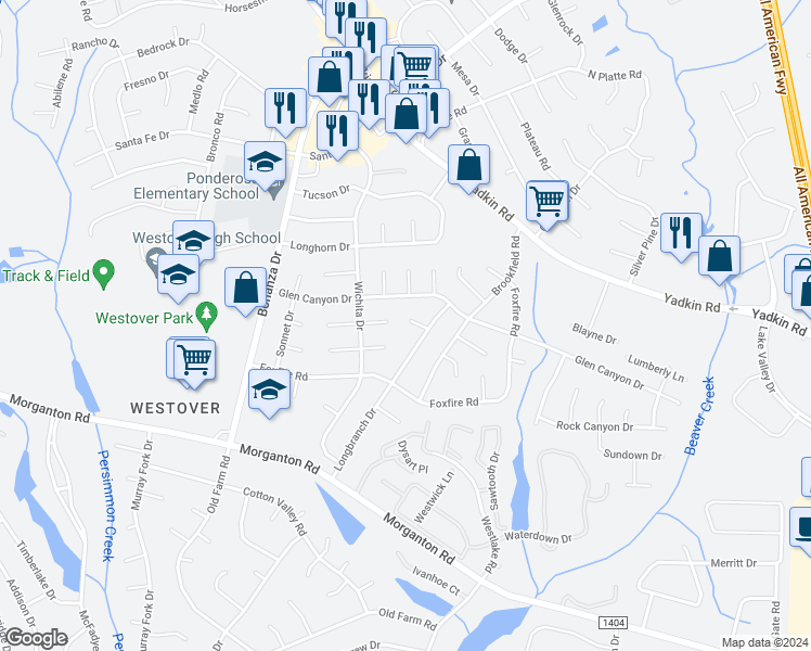 map of restaurants, bars, coffee shops, grocery stores, and more near 302 Longbranch Court in Fayetteville