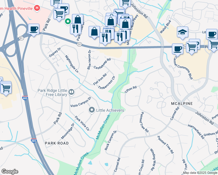 map of restaurants, bars, coffee shops, grocery stores, and more near 8609 Timbercrest Circle in Charlotte