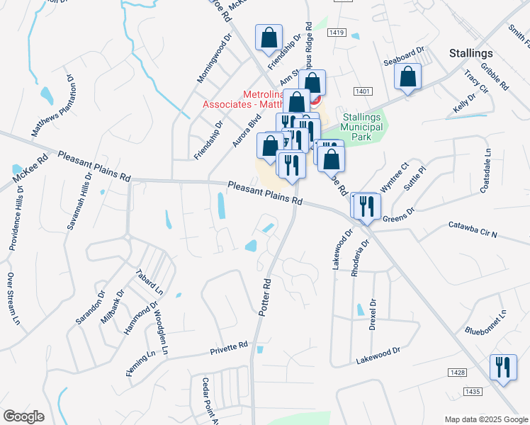 map of restaurants, bars, coffee shops, grocery stores, and more near 4724 Potter Road in Matthews