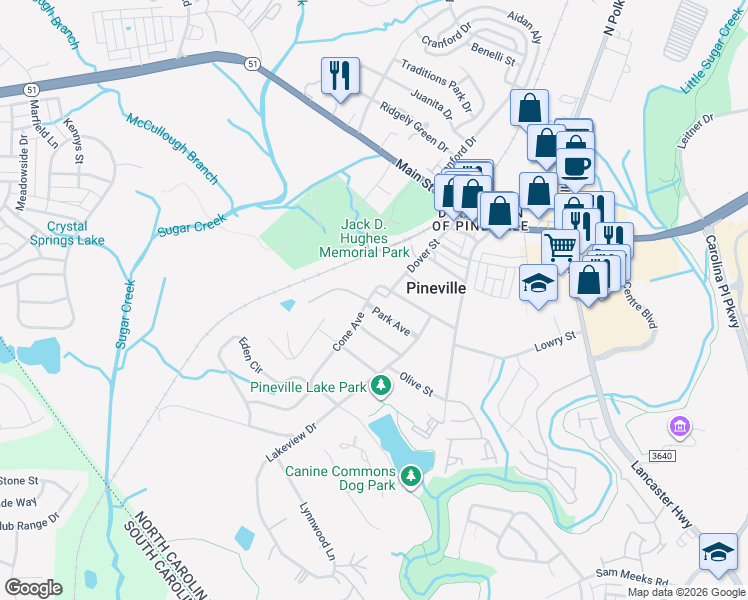 map of restaurants, bars, coffee shops, grocery stores, and more near 436 Cone Avenue in Pineville