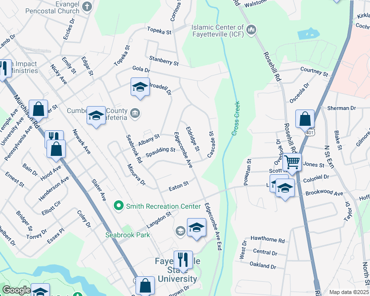 map of restaurants, bars, coffee shops, grocery stores, and more near 1636 Edgecombe Avenue in Fayetteville