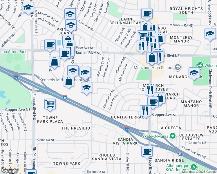 map of restaurants, bars, coffee shops, grocery stores, and more near 700 Grace Street Northeast in Albuquerque