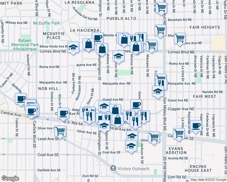 map of restaurants, bars, coffee shops, grocery stores, and more near 346 Jefferson Street Northeast in Albuquerque