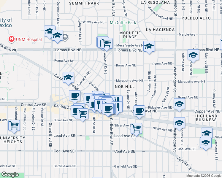 map of restaurants, bars, coffee shops, grocery stores, and more near 340 Amherst Drive Northeast in Albuquerque