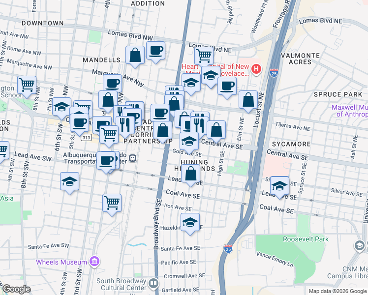 map of restaurants, bars, coffee shops, grocery stores, and more near 310 Central Avenue Southeast in Albuquerque