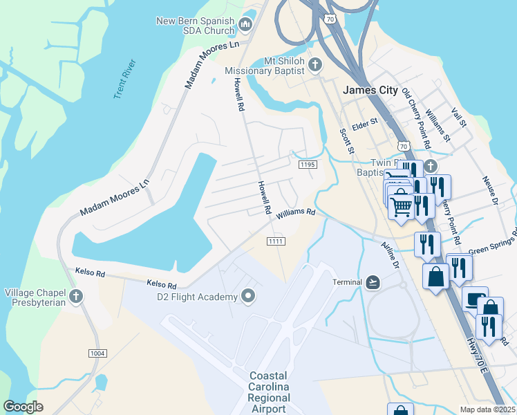 map of restaurants, bars, coffee shops, grocery stores, and more near 800 Howell Rd in New Bern