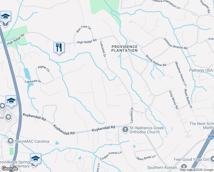 map of restaurants, bars, coffee shops, grocery stores, and more near 5005 Hillary Place in Charlotte