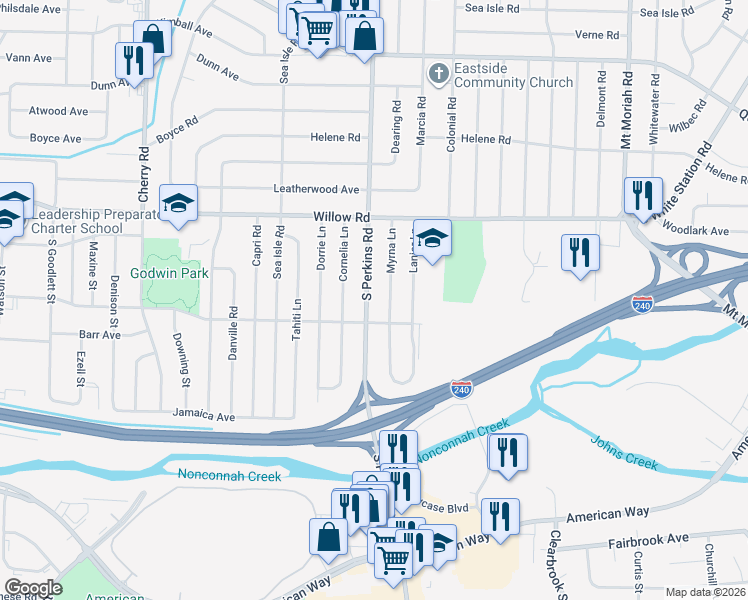 map of restaurants, bars, coffee shops, grocery stores, and more near 1762 South Perkins Road in Memphis