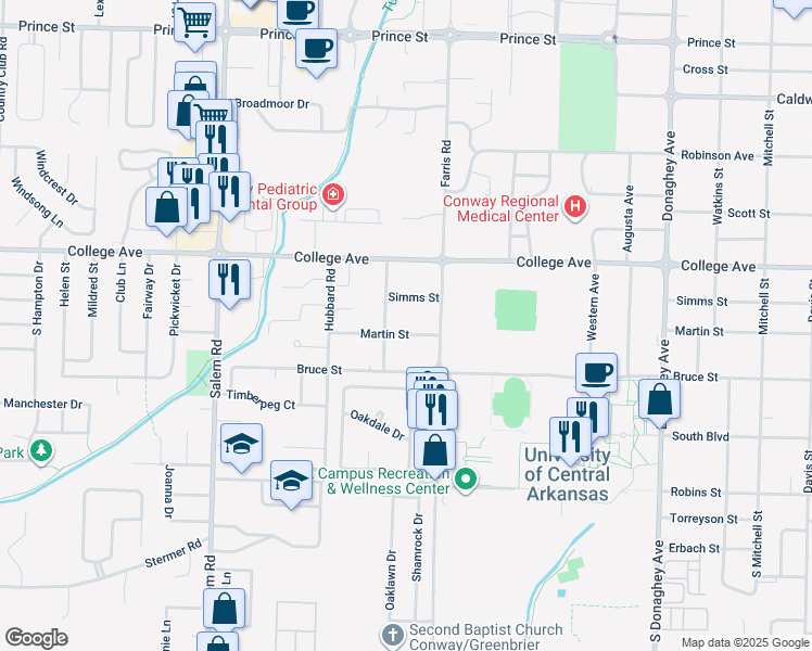 map of restaurants, bars, coffee shops, grocery stores, and more near 2535 Simms Street in Conway