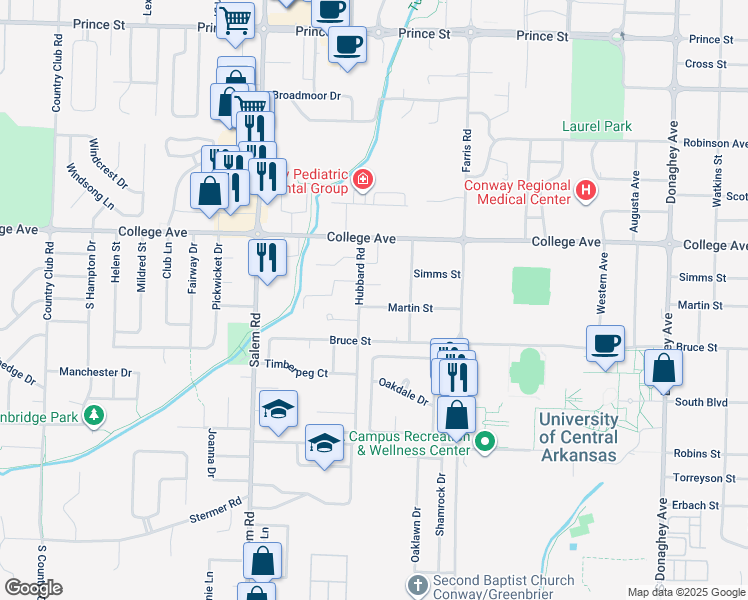 map of restaurants, bars, coffee shops, grocery stores, and more near 385 Denison Street in Conway
