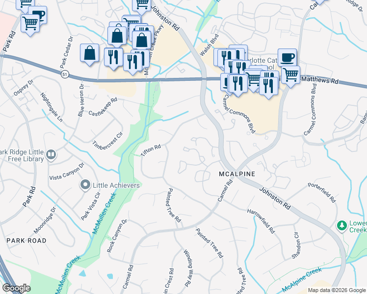 map of restaurants, bars, coffee shops, grocery stores, and more near 11020 Carmel Crossing Road in Charlotte