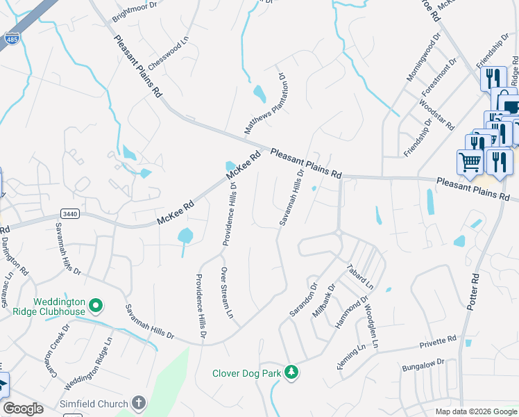 map of restaurants, bars, coffee shops, grocery stores, and more near 4101 Wallbrook Drive in Matthews