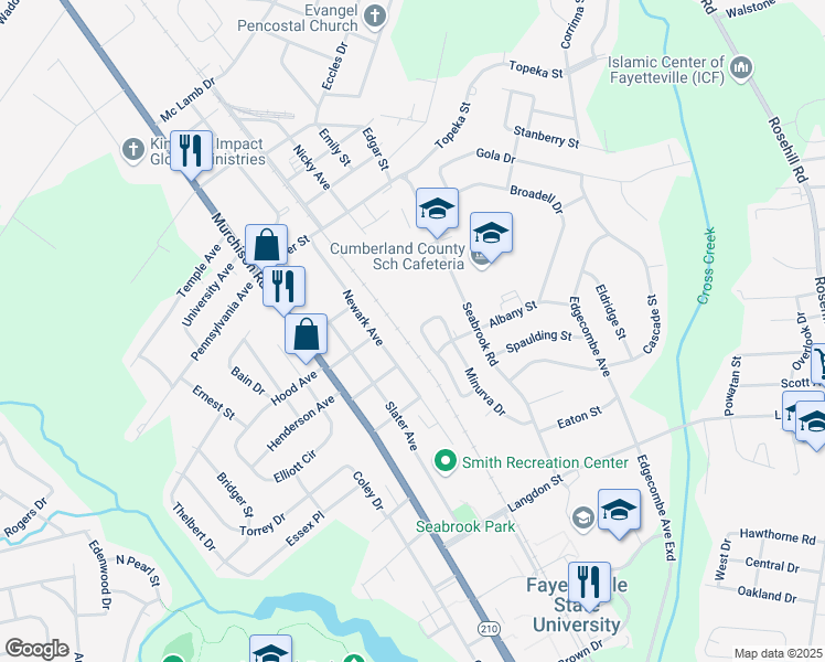 map of restaurants, bars, coffee shops, grocery stores, and more near 1718 Patterson Circle in Fayetteville