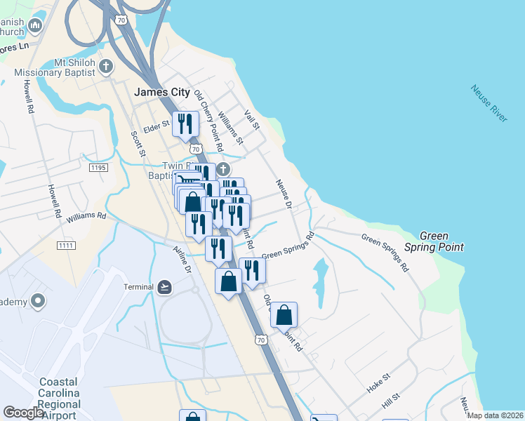 map of restaurants, bars, coffee shops, grocery stores, and more near 312 Edwards Avenue in New Bern