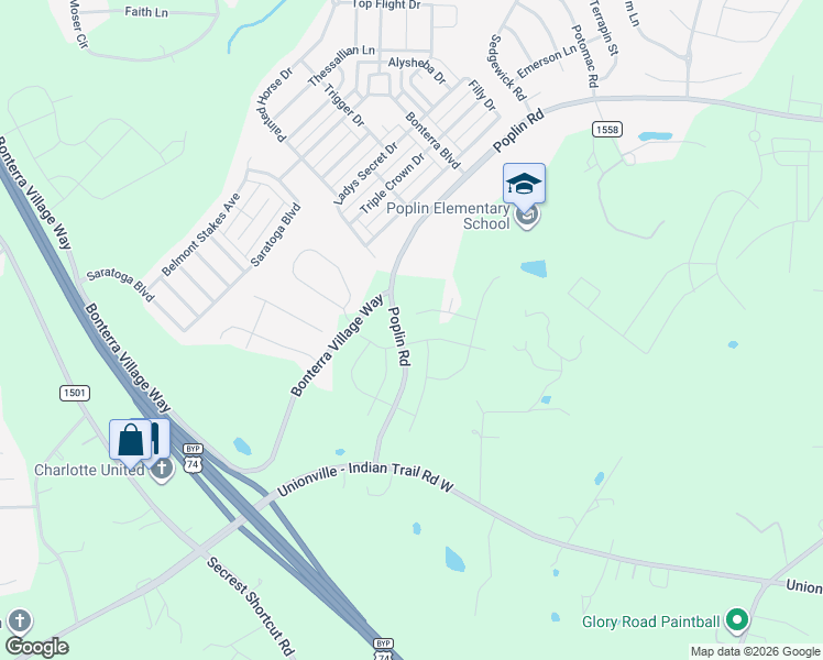 map of restaurants, bars, coffee shops, grocery stores, and more near 5830 Poplin Road in Indian Trail