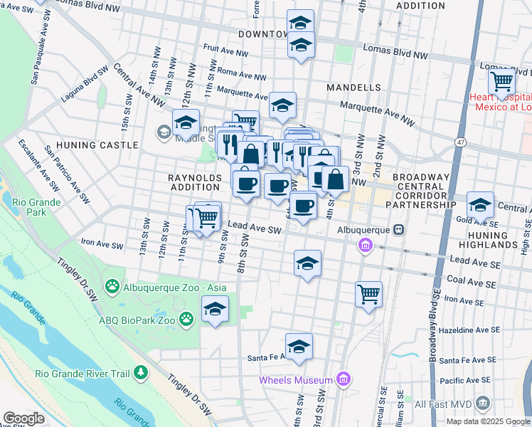 map of restaurants, bars, coffee shops, grocery stores, and more near 700 Silver Avenue Southwest in Albuquerque