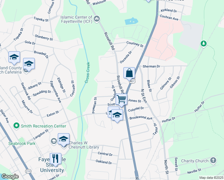 map of restaurants, bars, coffee shops, grocery stores, and more near 2004 Overlook Dr in Fayetteville