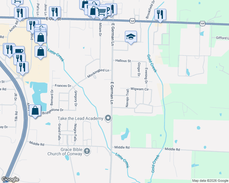 map of restaurants, bars, coffee shops, grocery stores, and more near 430 East German Lane in Conway