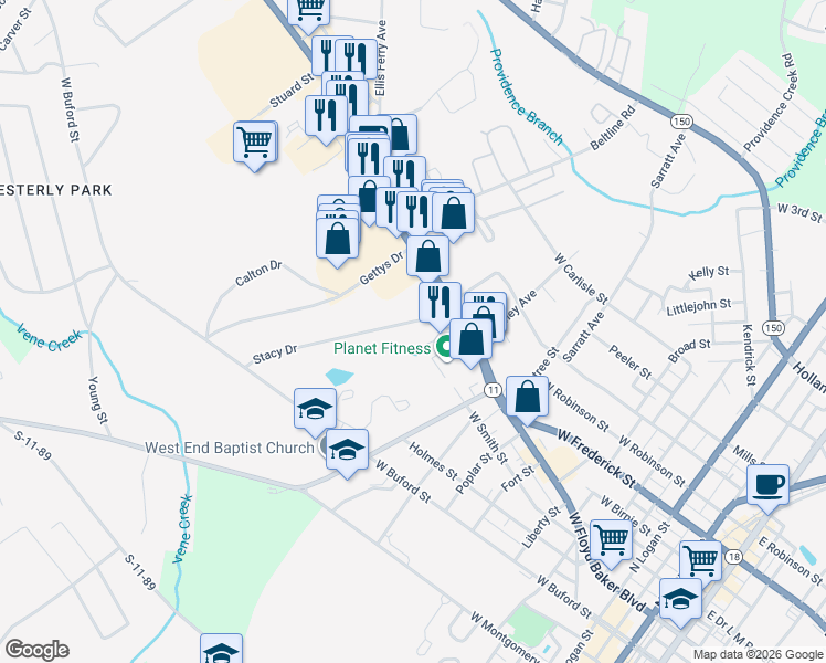 map of restaurants, bars, coffee shops, grocery stores, and more near 135 Stacy Drive in Gaffney