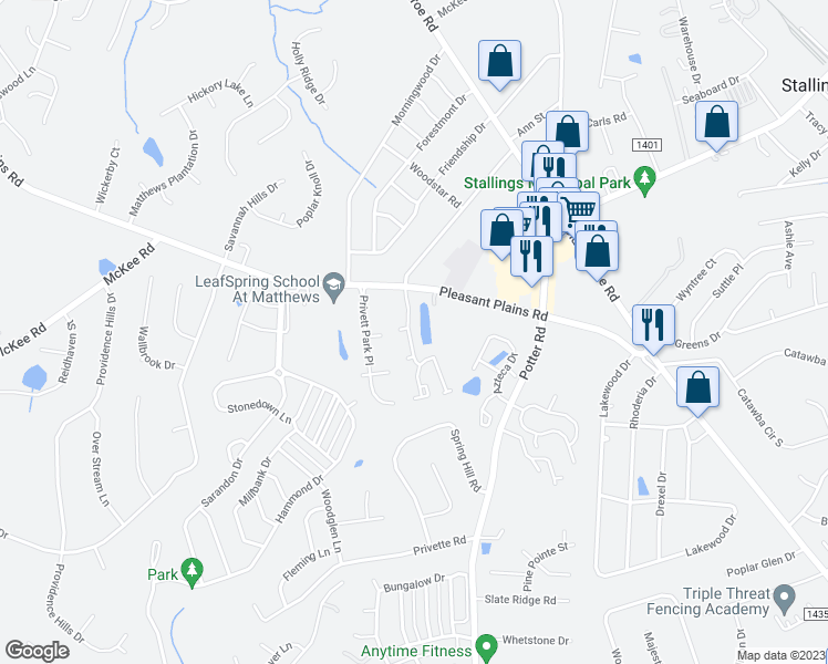 map of restaurants, bars, coffee shops, grocery stores, and more near 201 Arlington Downs Boulevard in Matthews
