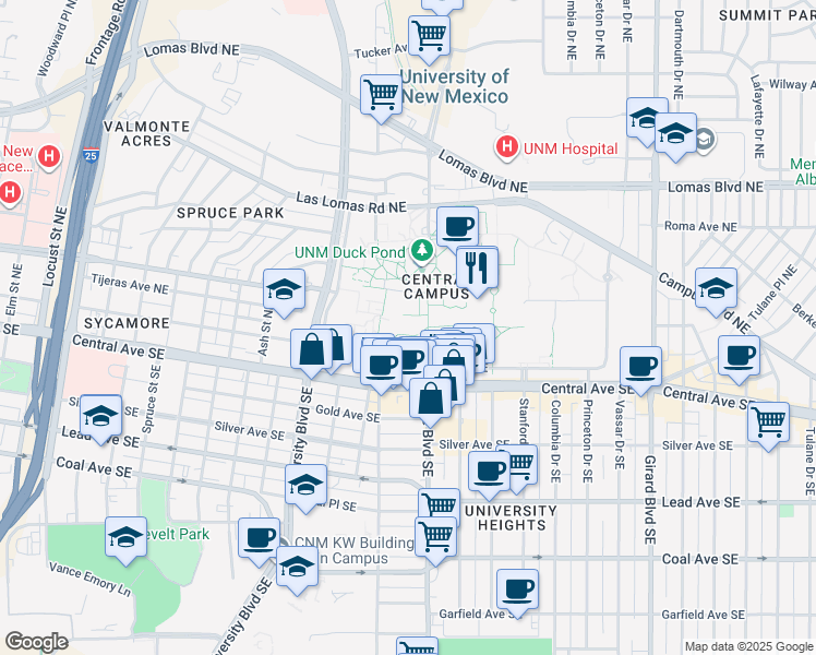 map of restaurants, bars, coffee shops, grocery stores, and more near 200 Yale Boulevard Northeast in Albuquerque