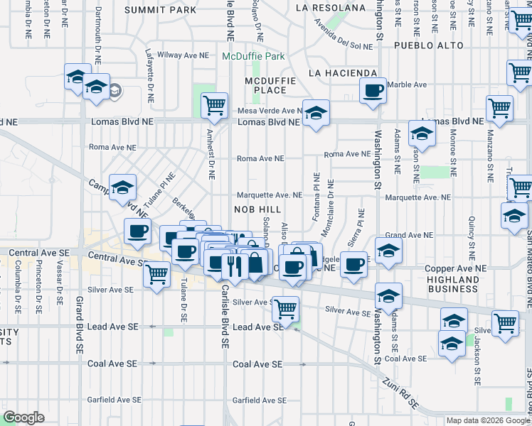 map of restaurants, bars, coffee shops, grocery stores, and more near in Albuquerque