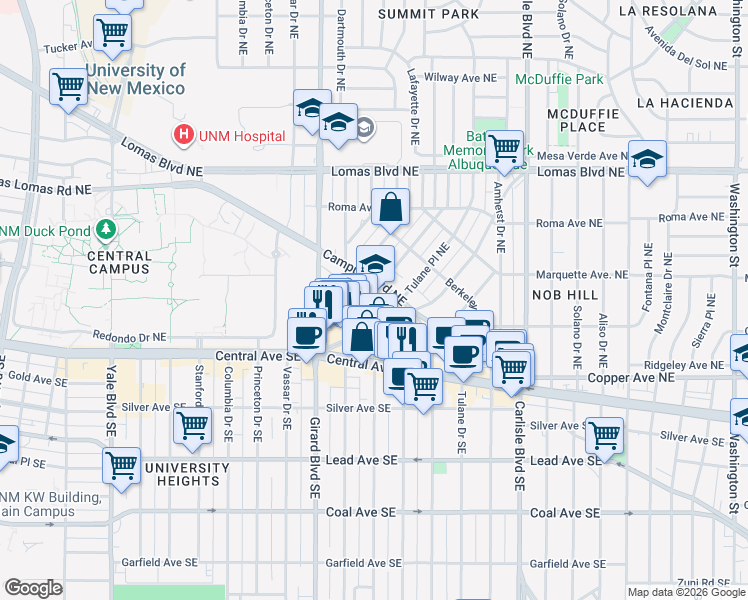 map of restaurants, bars, coffee shops, grocery stores, and more near 3103 Campus Boulevard Northeast in Albuquerque