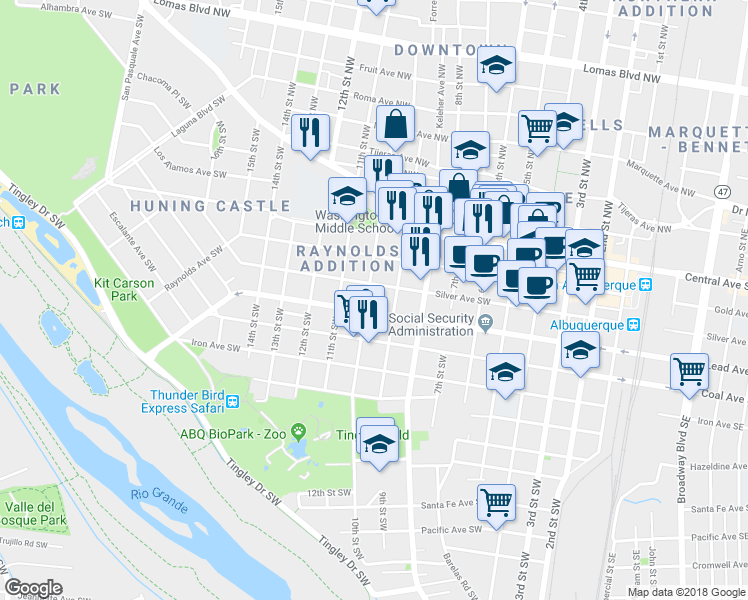 map of restaurants, bars, coffee shops, grocery stores, and more near 923 Silver Avenue Southwest in Albuquerque