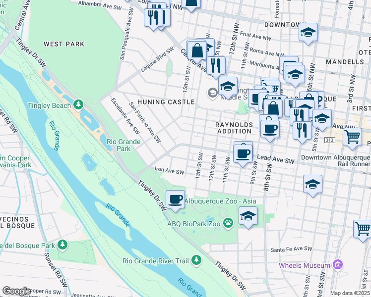 map of restaurants, bars, coffee shops, grocery stores, and more near 512 San Carlos Court Southwest in Albuquerque