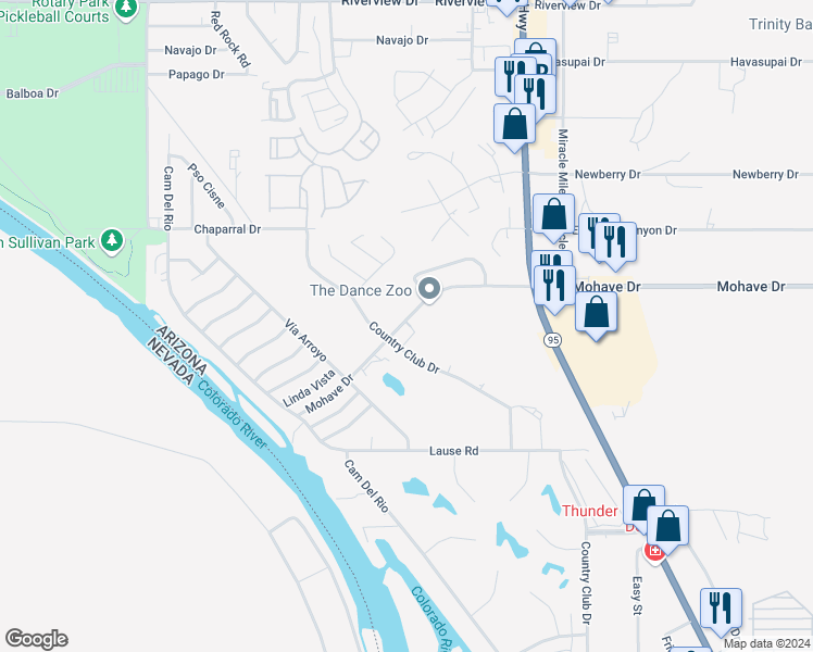 map of restaurants, bars, coffee shops, grocery stores, and more near 1275 Mohave Drive in Bullhead City