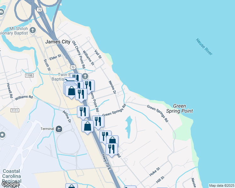 map of restaurants, bars, coffee shops, grocery stores, and more near 1002 Neuse Drive in New Bern