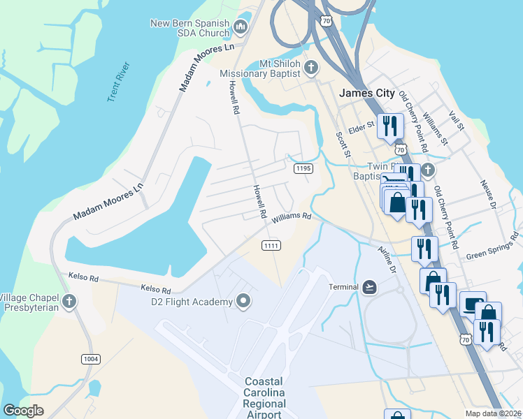 map of restaurants, bars, coffee shops, grocery stores, and more near 800 Howell Rd in New Bern