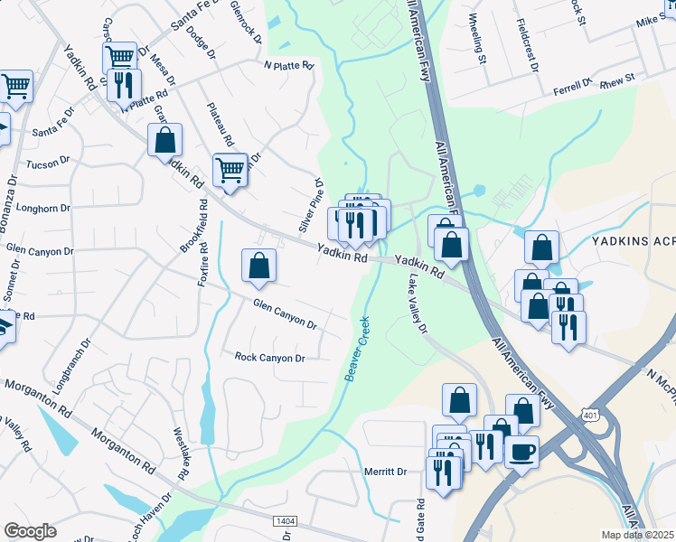 map of restaurants, bars, coffee shops, grocery stores, and more near 5052-5062 Yadkin Road in Fayetteville