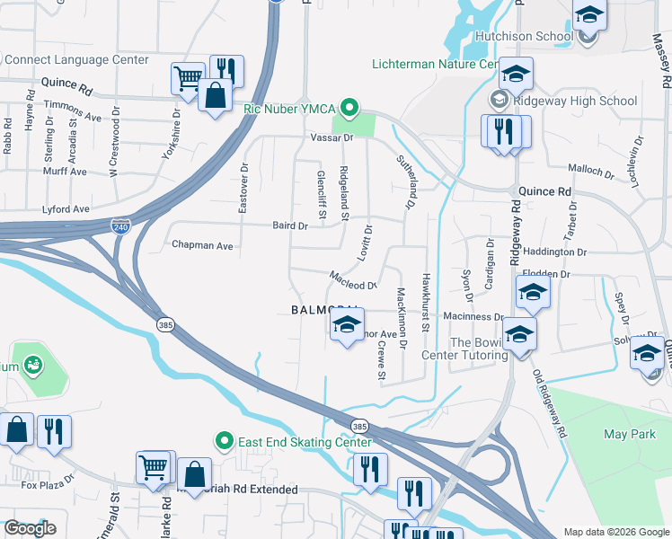map of restaurants, bars, coffee shops, grocery stores, and more near 5867 Ridgevale Road in Memphis