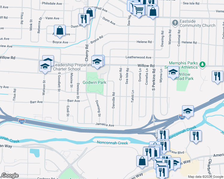 map of restaurants, bars, coffee shops, grocery stores, and more near 1765 Danville Road in Memphis