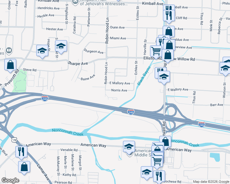 map of restaurants, bars, coffee shops, grocery stores, and more near 3718 Norris Avenue in Memphis