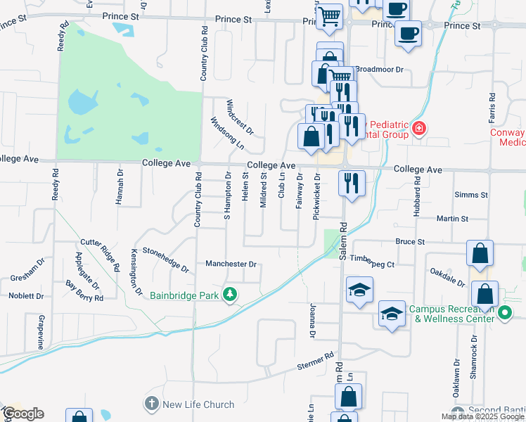 map of restaurants, bars, coffee shops, grocery stores, and more near 407 Mildred Street in Conway