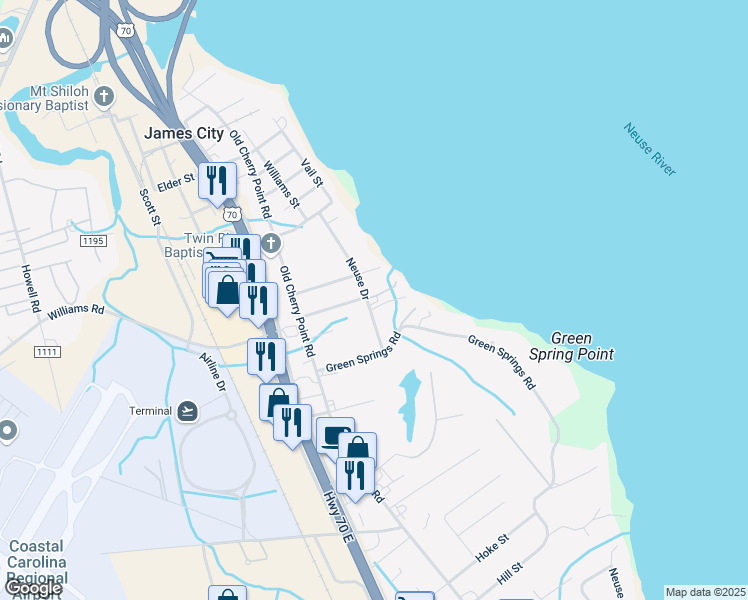 map of restaurants, bars, coffee shops, grocery stores, and more near 1002 Neuse Drive in New Bern