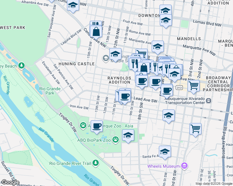 map of restaurants, bars, coffee shops, grocery stores, and more near 419 11th Street Southwest in Albuquerque